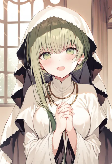 1girl, cecilia \(shiro seijo to kuro bokushi\), solo, smile, open mouth, blush, eyebrows visible through hair, :d, long sleeves,...