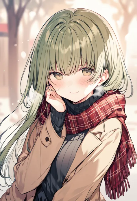 1girl, cecilia \(shiro seijo to kuro bokushi\), official art, blush, smile, heart, red scarf, eyebrows visible through hair, plaid scarf, long sleeves, looking at viewer, ribbed sweater, green hair, green eyes, closed mouth, solo, blurry background, blurry, upper body, sleeves past wrists, grey sweater, hand up, breath, hair between eyes, brown coat, brown jacket, depth of field, turtleneck sweater, open jacket, very long hair, open coat, brown eyes, black sweater, solo focus, turtleneck, pov, fingernails, enpera, head tilt, hand on own face, brown sweater, hand on own cheek, fringe trim, blonde hair, brown hair, winter clothes, masterpiece, best quality <lora:cecilia_shiro_seijo_sdxl_locon_ani_v1:0.7>