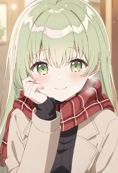 1girl, cecilia \(shiro seijo to kuro bokushi\), anime screencap, blush, smile, heart, red scarf, eyebrows visible through hair, plaid scarf, long sleeves, looking at viewer, ribbed sweater, green hair, green eyes, closed mouth, solo, blurry background, blurry, upper body, sleeves past wrists, grey sweater, hand up, breath, hair between eyes, brown coat, brown jacket, depth of field, turtleneck sweater, open jacket, very long hair, open coat, brown eyes, black sweater, solo focus, turtleneck, pov, fingernails, enpera, head tilt, hand on own face, brown sweater, hand on own cheek, fringe trim, blonde hair, brown hair, winter clothes, masterpiece, best quality <lora:cecilia_shiro_seijo_sdxl_locon_ani_v1:0.7>