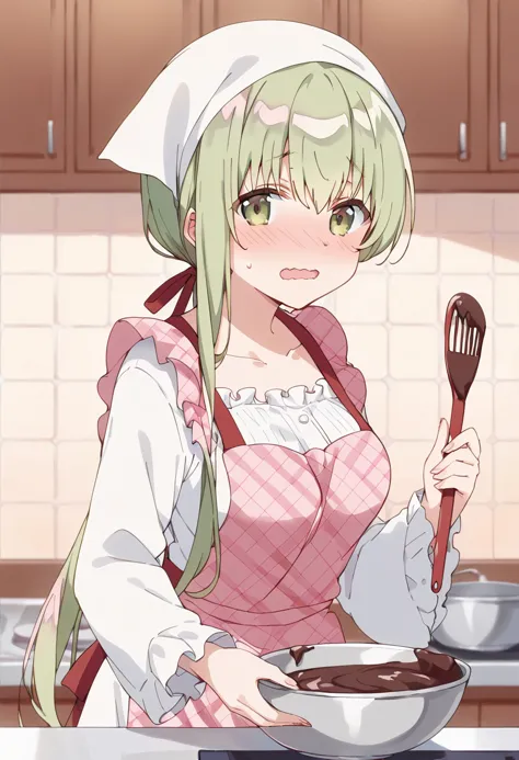 score_9, score_8_up, score_7_up, best quality, masterpiece, source_anime BREAK
1girl, cecilia \(shiro seijo to kuro bokushi\), anime screencap, solo, blush, eyebrows visible through hair, green hair, spatula, open mouth, green eyes, blurry background, chocolate, looking at viewer, depth of field, nose blush, head scarf, sweat, hair between eyes, hair ribbon, bowl, long sleeves, pink apron, white shirt, mixing bowl, floral print, red apron, ponytail, plaid, wavy mouth, holding bowl, frills, chocolate making, very long hair, indoors, upper body, cooking, red ribbon, kitchen, sidelocks, low ponytail, holding spatula, collarbone, white apron, valentine, frilled apron, print apron, brown eyes, bandana, hands up, brown ribbon, waist apron, low twintails, medium breasts, ladle, frilled sleeves, food, puffy short sleeves, , sweatdrop, fingernails, white dress, plaid apron, wide sleeves, pot, pastry bag, standing <lora:cecilia_shiro_seijo_sdxl_locon_pony_v1:0.7>