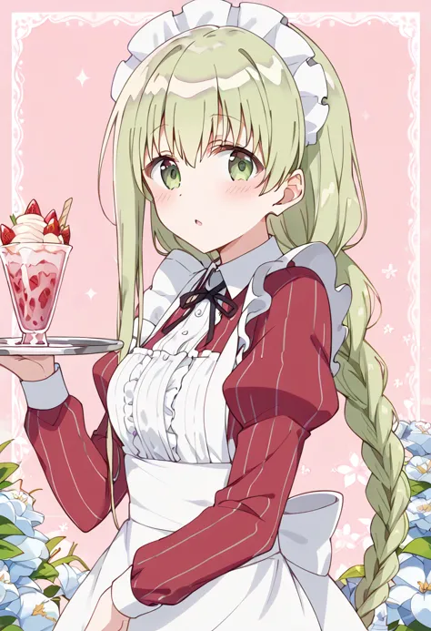 score_9, score_8_up, score_7_up, best quality, masterpiece, source_anime BREAK
1girl, cecilia \(shiro seijo to kuro bokushi\), anime screencap, green eyes, solo, maid headdress, parfait, eyebrows visible through hair, blush, maid, tray, green hair, food, holding tray, parted lips, looking at viewer, white apron, juliet sleeves, frills, :o, very long hair, hair between eyes, striped dress, frilled apron, strawberry, neck ribbon, floral background, pink background, hair bow, maid apron, single braid, red dress, braided ponytail, alternate costume, black ribbon, blonde hair, fruit, blue bow, ice cream, enmaided, twin braids, white flower, center frills, vertical stripes, black neckwear, upper body, sidelocks, shirt, puffy long sleeves, collared dress, waist apron, open mouth, shiny hair, collared shirt, shiny, twintails, holding plate, plate, waitress <lora:cecilia_shiro_seijo_sdxl_locon_pony_v1:0.7>