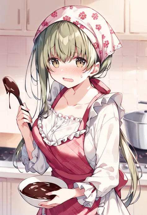 score_9, score_8_up, score_7_up, best quality, masterpiece, source_anime BREAK
1girl, cecilia \(shiro seijo to kuro bokushi\), official art, solo, blush, eyebrows visible through hair, green hair, spatula, open mouth, green eyes, blurry background, chocolate, looking at viewer, depth of field, nose blush, head scarf, sweat, hair between eyes, hair ribbon, bowl, long sleeves, pink apron, white shirt, mixing bowl, floral print, red apron, ponytail, plaid, wavy mouth, holding bowl, frills, chocolate making, very long hair, indoors, upper body, cooking, red ribbon, kitchen, sidelocks, low ponytail, holding spatula, collarbone, white apron, valentine, frilled apron, print apron, brown eyes, bandana, hands up, brown ribbon, waist apron, low twintails, medium breasts, ladle, frilled sleeves, food, puffy short sleeves, , sweatdrop, fingernails, white dress, plaid apron, wide sleeves, pot, pastry bag, standing <lora:cecilia_shiro_seijo_sdxl_locon_pony_v1:0.7>