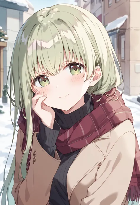 score_9, score_8_up, score_7_up, best quality, masterpiece, source_anime BREAK
1girl, cecilia \(shiro seijo to kuro bokushi\), anime screencap, blush, smile, red scarf, eyebrows visible through hair, plaid scarf, long sleeves, looking at viewer, ribbed sweater, green hair, green eyes, closed mouth, solo, blurry background, blurry, upper body, sleeves past wrists, grey sweater, hand up, breath, hair between eyes, brown coat, brown jacket, depth of field, turtleneck sweater, open jacket, very long hair, open coat, brown eyes, black sweater, solo focus, turtleneck, pov, fingernails, enpera, head tilt, hand on own face, brown sweater, hand on own cheek, fringe trim, winter clothes <lora:cecilia_shiro_seijo_sdxl_locon_pony_v1:0.7>