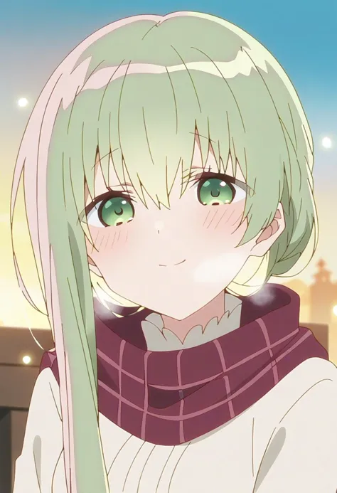 1girl, cecilia \(shiro seijo to kuro bokushi\), anime screencap, blush, smile, heart, red scarf, eyebrows visible through hair, ...