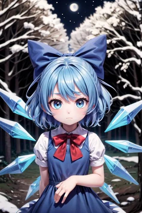 a girl with blue hair and a bow is standing in the snow