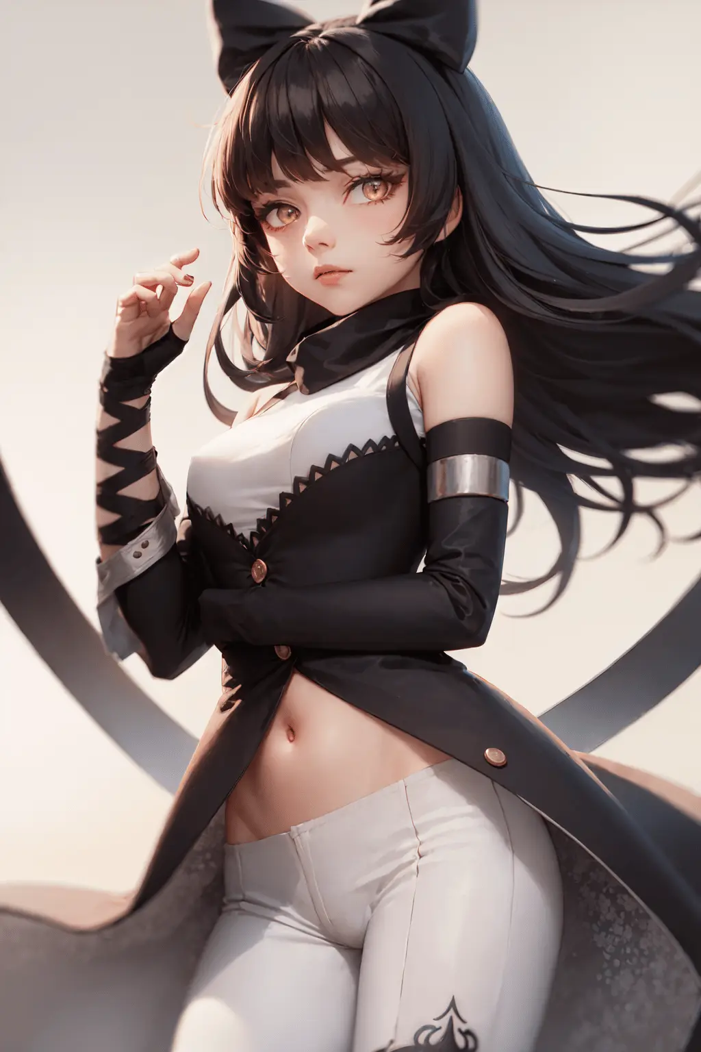 (masterpiece, best quality:1.2), cowboy shot, solo, 1girl, blake belladonna, expressionless, closed mouth, looking at viewer, black hair bow, white shirt, detached sleeve, pantyhose, legwear under white shorts