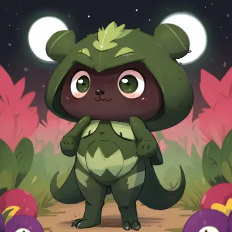 a cartoon image of a little green bear in a forest