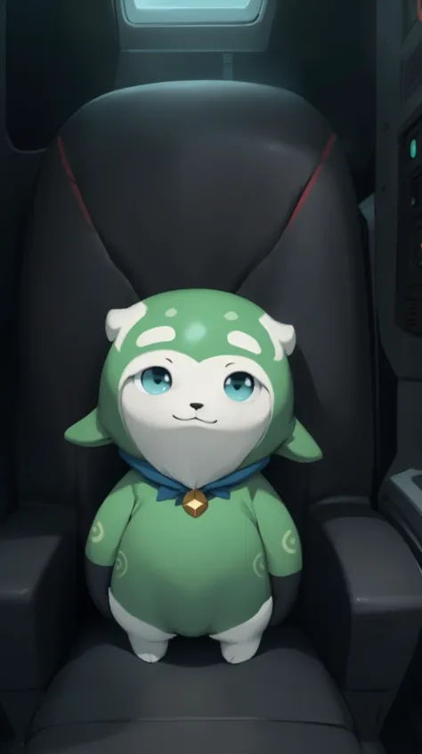 a close up of a stuffed animal sitting in a car seat