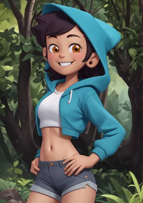 high quality 3d image of <lora:luz_noceda:0.7>,close up,smiling,looking at the camera,masterpiece,high detail,shorts,hoody,in a ...