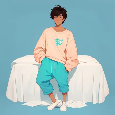 best quality, high quality, Masterpiece, (Full body shot:1.8), cute anime illustration of a male sitting on a bed, loose fitted clothes, oversized comfy clothes, dark Neon Pastel colour scheme,