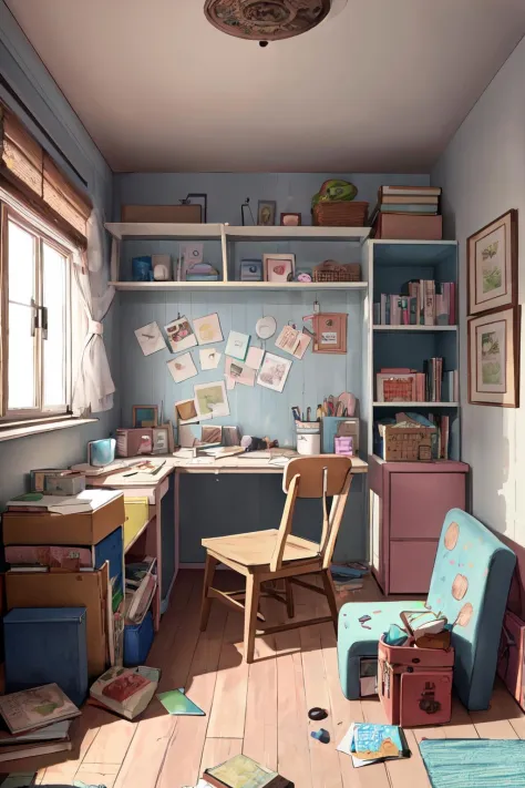 <lora:ARWchildreninterior:1>, childreninterior room,  indoor, room, pastel color wallpaper, book shelf, desk, chair,
(best quali...
