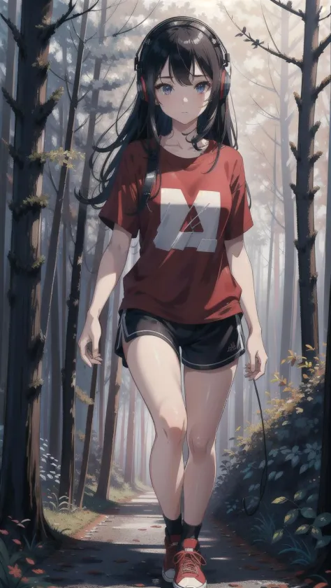 high quality, high resolution, extreme detail, masterpiece, 1girl, [closeup] walking in the woods at night, red t-shirt, black s...