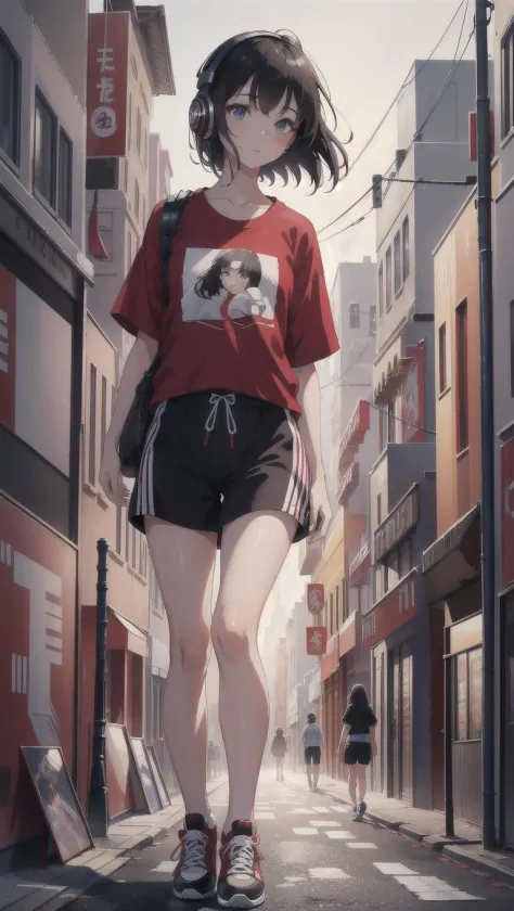 high quality, high resolution, extreme detail, masterpiece, 1girl, [closeup] walking through the city, red t-shirt, black shorts...