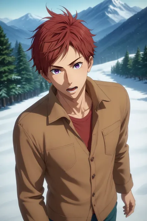 a man with red hair and a brown shirt standing in the snow