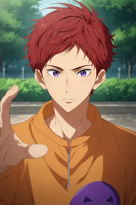 a man with red hair and blue eyes is pointing at something