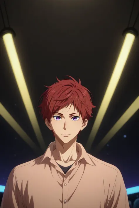 a man with red hair and blue eyes standing in front of a stage