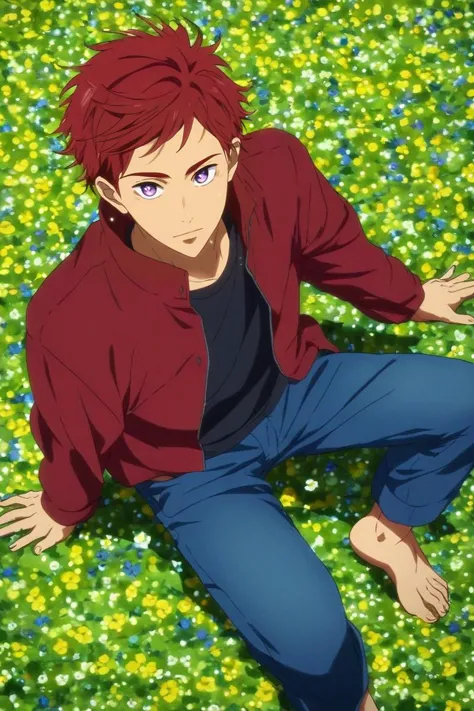 a man laying on the ground in a field of flowers