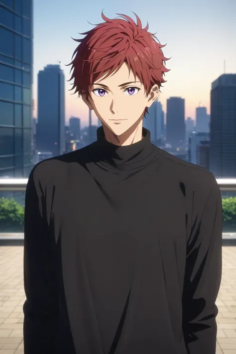 a man with red hair standing in front of a city skyline