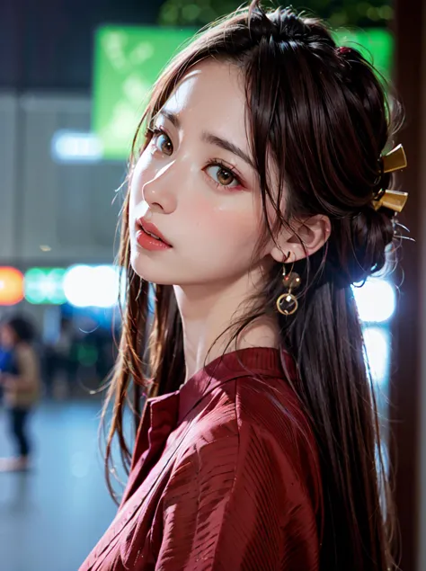 fantasy anime, , depth of field, Masterpiece, intricate, hyper detailed, , bokeh, high resolution, sharp detail, best quality, depth of field,
1girl, black hair, (red:0.82) colored inner hair red, looking at viewer,
hair ornament, , dynamic pose, earrings, , neon in station, night, , (from front:1.3),
dakiv4, tied hair,