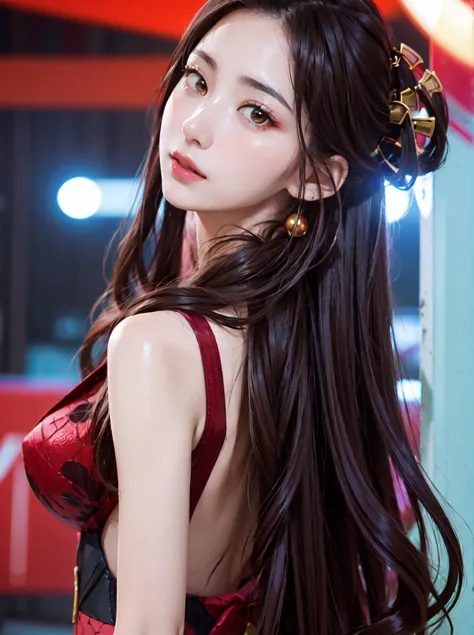 fantasy anime, , depth of field, Masterpiece, intricate, hyper detailed, , bokeh, high resolution, sharp detail, best quality, depth of field,
1girl, black hair, (red:0.82) colored inner hair red, looking at viewer,
hair ornament, , dynamic pose, earrings, , neon in station, night, , (from front:1.3),
dakiv4, tied hair,