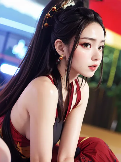 fantasy anime, , depth of field, Masterpiece, intricate, hyper detailed, , bokeh, high resolution, sharp detail, best quality, depth of field,
1girl, black hair, (red:0.82) colored inner hair red, looking at viewer,
hair ornament, , dynamic pose, earrings, , neon in station, night, , (from front:1.3),
dakiv4, tied hair,