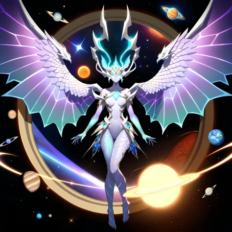 a woman in a white outfit with wings and a blue body