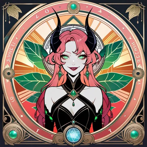 demon girl, black demon horns, head halo, masterpiece by alphonse mucha, smile, pink hair, goth clothes, patterened, green glowing eyes, skimpy, revealing, gems, smug, art deco, rosette, red part, light lipstick, haute couture, laurels, vines, zodiac signs, astrology, feather crest, sunrise, pale skin, wide hips