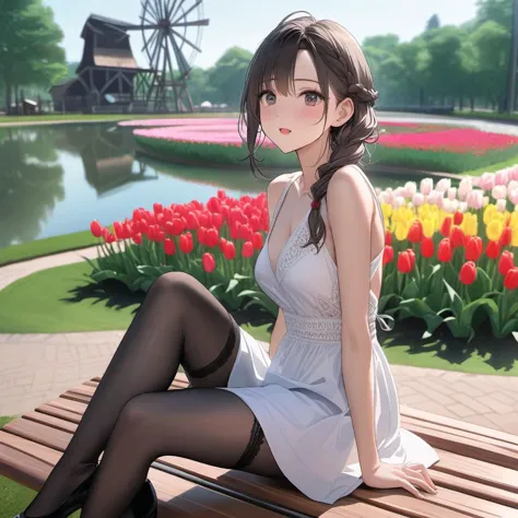 anime girl sitting on a bench in a park with flowers