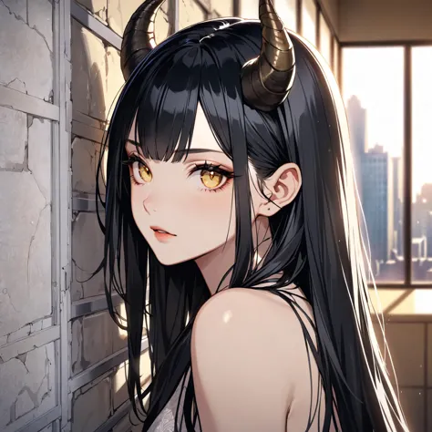 anime girl with horns and a white tank top standing in front of a brick wall