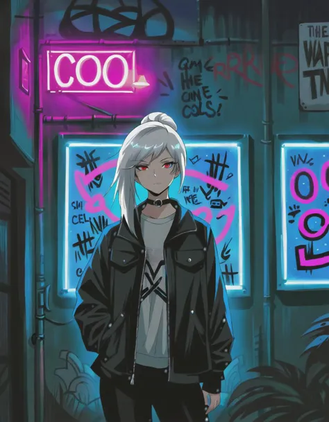 [white haired girl red eyes ponytail, night time, black jacket black pants, choker, facing towards viewer standing, wall full of graffiti, her expression is cool and expressionless, dark theme, neon lights, graffiti, nighttime, city, dim lighting], (Warframe Enhanced, f/1 Photo RAW)