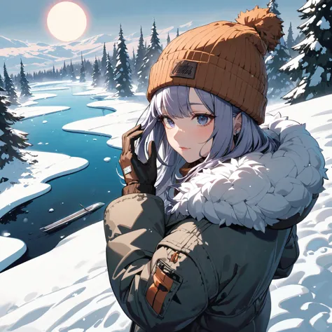 anime girl in winter coat standing in snow with trees and river