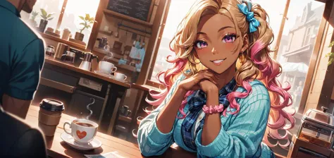 anime girl with pink hair sitting at a table in a cafe