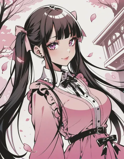 1girl, solo, black long hair, twintails, blunt bangs, pink ribbon, black hair, purple eyes, long eyelashes, red eyeliner, large breasts, (jirai kei:1.2),
looking at viewer,blush,black and pink theme spring clothes, pink cardigan,seductive smile,outdoors, spring city, Cherry Blossom, Petals, Wind,
(very aesthetic, best quality, ultra detailed), intricate details, masterpiece, best quality, absurdres, highres,