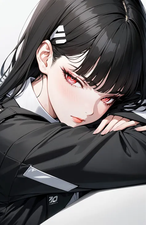 anime girl with black hair and red eyes leaning on a white wall