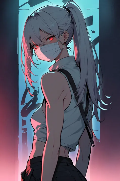 portrait of a white haired girl with red eyes and a ponytail, night time, wearing a surgical mask, a black, open jacket, black pants and a choker, facing towards the viewer and she is standing next to a wall full of graffiti, her expression is cool and expressionless, her white shirt is slightly ruffled upwards, revealing her toned abs and midriff, portait, midriff peek, toned abs, open jacket, dark theme, (surgical mask:1.2), dim lighting, perfect ass, mysterious, mature female, medium breasts