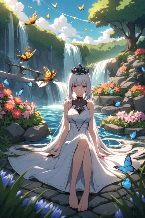 a woman sitting on a rock in front of a waterfall