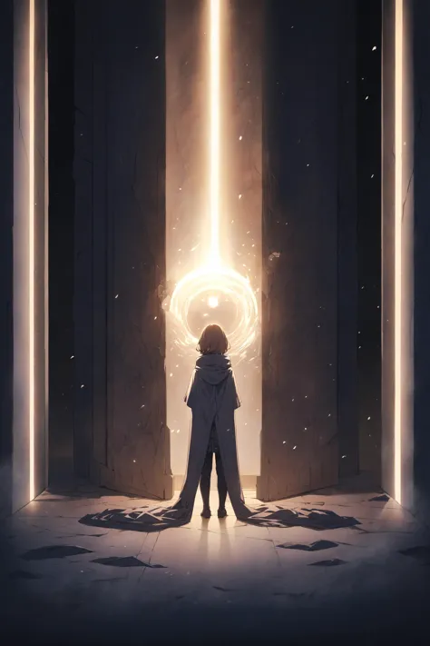 a person standing in a doorway with a light shining through it