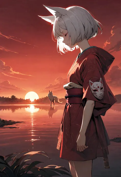 (very aesthetic, best quality, ultra detailed), intricate details, from side, solemn expression, expressionless, pink eyes, white hair, sunset, fox ears, short hair, kimono, bare feet, standing next to lake, red belt, kitsune mask, 1girl, one arm raised, looking downwards, closed eyes, one arm extended towards mask, magical energy, mist, magical glow, red theme