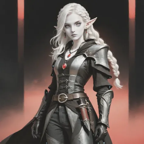 score_9, score_8_up, score_7_up, Russian,1girl, grey skin, rouge, solo, long hair, looking at viewer, gloves, braid, white hair, pointy ears, black gloves, belt, pants, lips, coat,light armor, grey eyes, colored skin, dagger, elf, pale skin, white eyes, fantasy, DnD, TTRPG,white-haired elven rouge, pale skin, pointed ears, long braided hair, with silver eyes, black leather armor with a cloak, and a red gemstone necklace, vivid, highly detailed, score_9, score_8_up, score_7_up, Russian,1girl, grey skin, rouge, solo, long hair, looking at viewer, gloves, braid, white hair, pointy ears, black gloves, belt, pants, lips, coat,light armor, grey eyes, colored skin, dagger, elf, pale skin, white eyes, fantasy, DnD, TTRPG,white-haired elven rouge, pale skin, pointed ears, long braided hair, with silver eyes, black leather armor with a cloak, and a red gemstone necklace, vivid, highly detailed, extremely beautiful, intricate, cinematic, sharp focus, professional, singular illumination, very cool color, dramatic