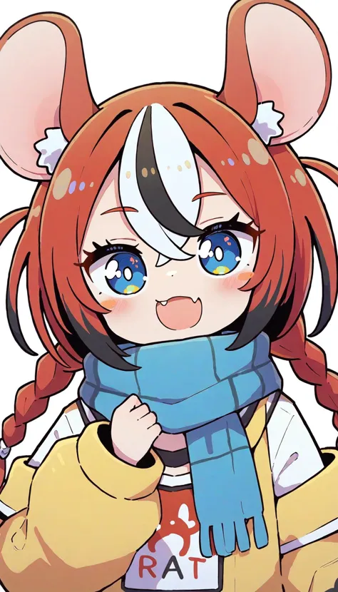 1girl, animal ears, braid, blue eyes, hakos baelz,mouse ears, multicolored hair, solo, scarf, red hair, white hair, twin braids, virtual youtuber, simple background, blush stickers, white background, blue scarf, fang, black hair, masterpiece,newest,absurdres,safe,