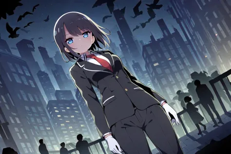 (Masterpiece:0.9), best quality, (illustration, incredibly absurdres:0.95), ultra detailed, solo, 1girl, cinematic angle, cool eyes, tsurime, black jacket, pants, black suit, necktie, white gloves, detailed, late night, HDR, [(Flat Color Background:1.4)::0.25], (Buildings Silhouette background:1.4), <lora:Anime Enhancer XL V2:1.0> <lora:add_details_xl:1.05>