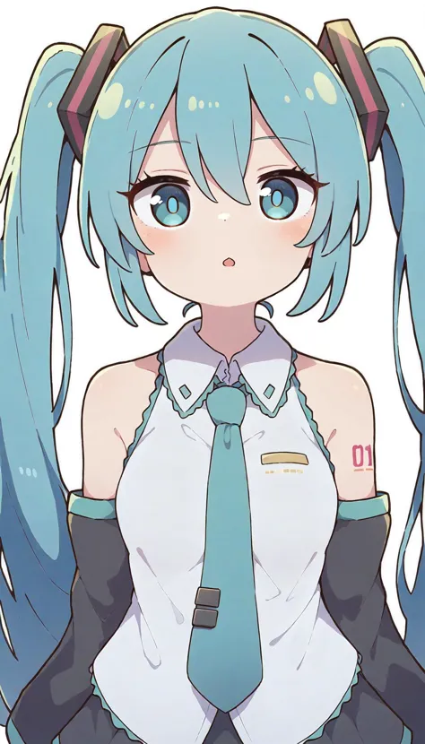 1girl, hatsune miku, solo, long hair, twintails,necktie, detached sleeves, aqua hair, aqua eyes, white background, shirt, simple background, hair ornament, upper body, black sleeves, sleeveless, masterpiece,newest,absurdres,safe,