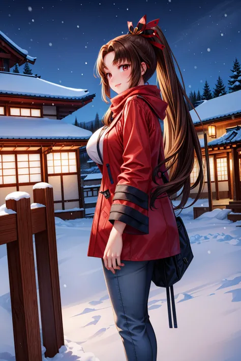 masterpiece, best quality, <lora:yotohimealt-nvwls-v1-000009:0.9> yoto hime, long ponytail, hair ornament, large breasts, red coat, winter coat, jacket, snow, japanese architecture, pants, scarf, looking at viewer, smile