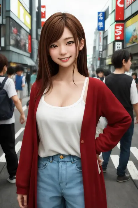 도쿄 거리에서 캐주얼 옷을 입은 일본 소녀, 뷰어를보고, 웃다, 포즈를 취하는 것, (((최고의 품질, 걸작))),높은 해상도, 매우 상세한, 픽시브에서 유행하고 있는, 걸작, 영화 조명, 애니메이션 아트 스타일,