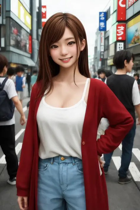 uma garota japonesa com roupas casuais nas ruas de Tóquio, Olhando para o visualizador, sorriso, posando, (((melhor qualidade, obra de arte))),Alta resolução, extremamente detalhado, tendências no Pixiv, obra de arte, iluminação cinematográfica, Estilo de arte anime,