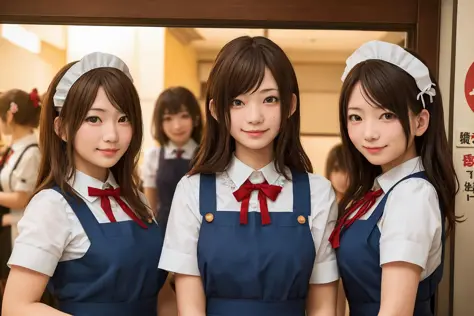 Un groupe de jeunes femmes de chambre à l'entrée d'un café de maid à Akihabara saluant le spectateur, (((Meilleure qualité, chef-d&#39;œuvre))), (((extrêmement détaillé))), photo brute, Réaliste, Éclairage cinématographique, Transpirer, Meilleure qualité, 8k euh,