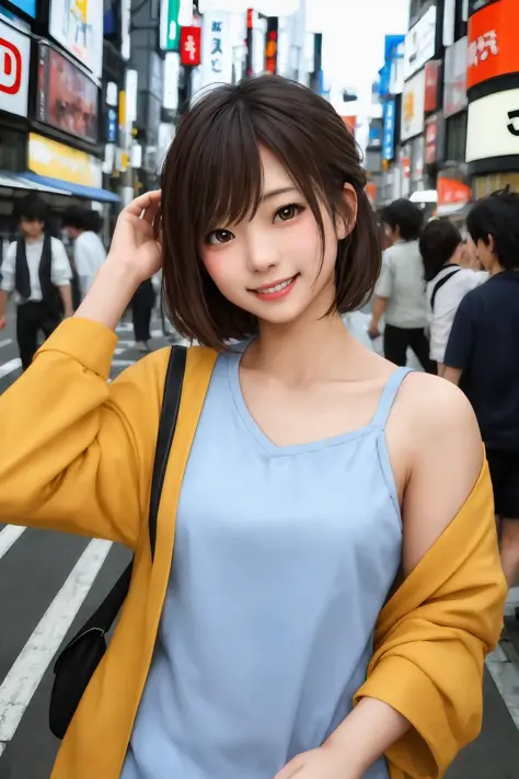 a japanese girl in casual clothes on the streets of tokyo, looking at viewer, smile, posing, (((best quality, masterpiece))),hig...