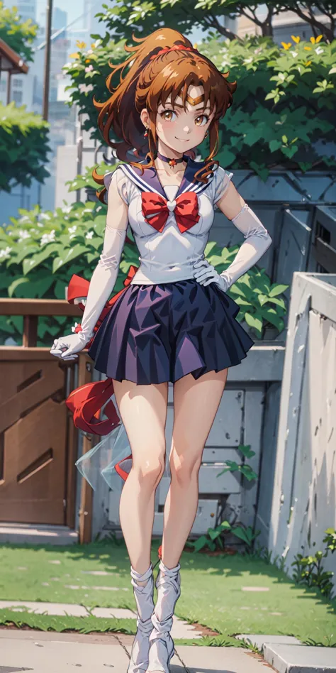 best quality, (masterpiece:1.2), highly detailed,
standing, outdoors, building, school,
<lora:chara_Eromanga-sensei_JinnoMegumi_v1:0.8>, jinno megumi, hand on hips
1girl, solo, standing, looking at the viewer, smile, sign to viewer
brown hair, ponytail, brown eyes, scrunchie,
(sailor senshi uniform), <lora:sailor_senshi_uniform-1.0:1>circlet, jewelry, earrings, choker, red bow, white gloves, elbow gloves, blue skirt