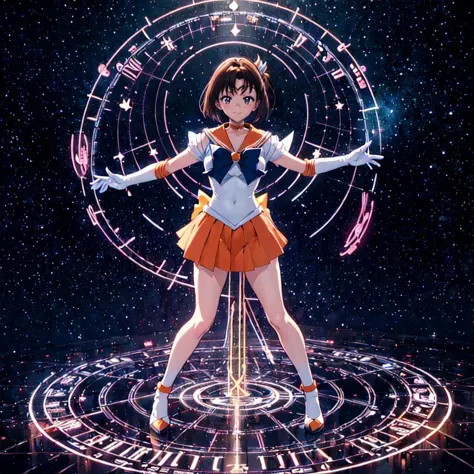 1girl extremely detailed, high quality, masterpiece, animation girl, full body standing:1.2, (teen school girl:1.2), dark brown short bob cut,white high socks:1.5,orange skirt:1.7,sailor venus,sv1:1.2,sailor senshi uniform, elbow gloves, Tiara on the forehead, orange sailor collar:1.3, orange choker, white gloves, jewelry,orange high heels:1.5,<lora:sailor_senshi_uniform-1.0:0.65>, <lora:sailor_venus_v2:0.3>, dynamic effect,effect is shiny transform scene henshin, gravure poses,light smile, zentangle magic circle in background, kawaii summoning effect, hentai eroge HCG, subtle ambient glow,<lora:flat2:0.75>,<lora:deluster2:-0.9>,<lora:hairdetailer:0.5>,