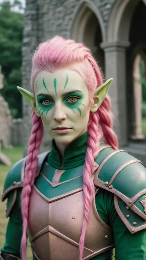 a close up of a person with pink hair and green makeup